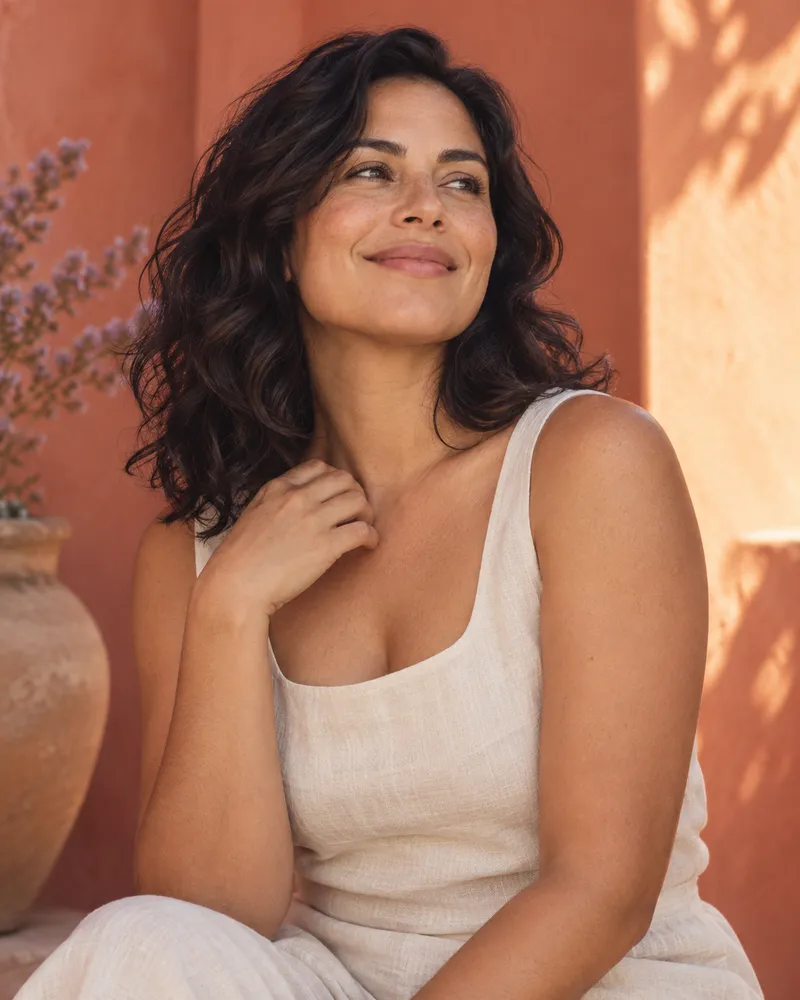 Retrato conceptual de una mujer disfrutando de un momento al sol